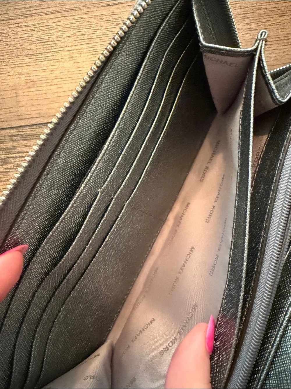 Michael Kors Pocket Zip Around Continental Wallet Metallic crackle leather